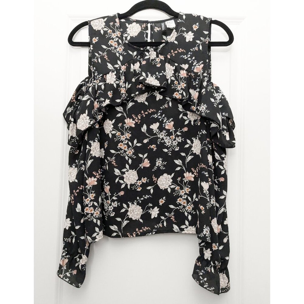 Floral Print Cold Shoulder Blouse w/ Ruffles - Gothic Bohemian, Hippie, Boho